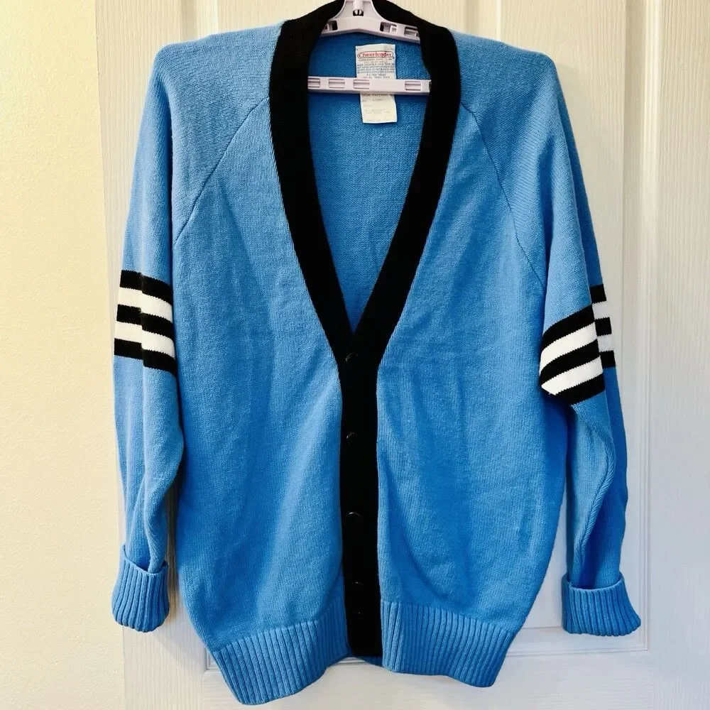 Vtg Varsity Cardigan Sweater L Blue Cheerleader Supply USA Orlon Acrylic Stripes